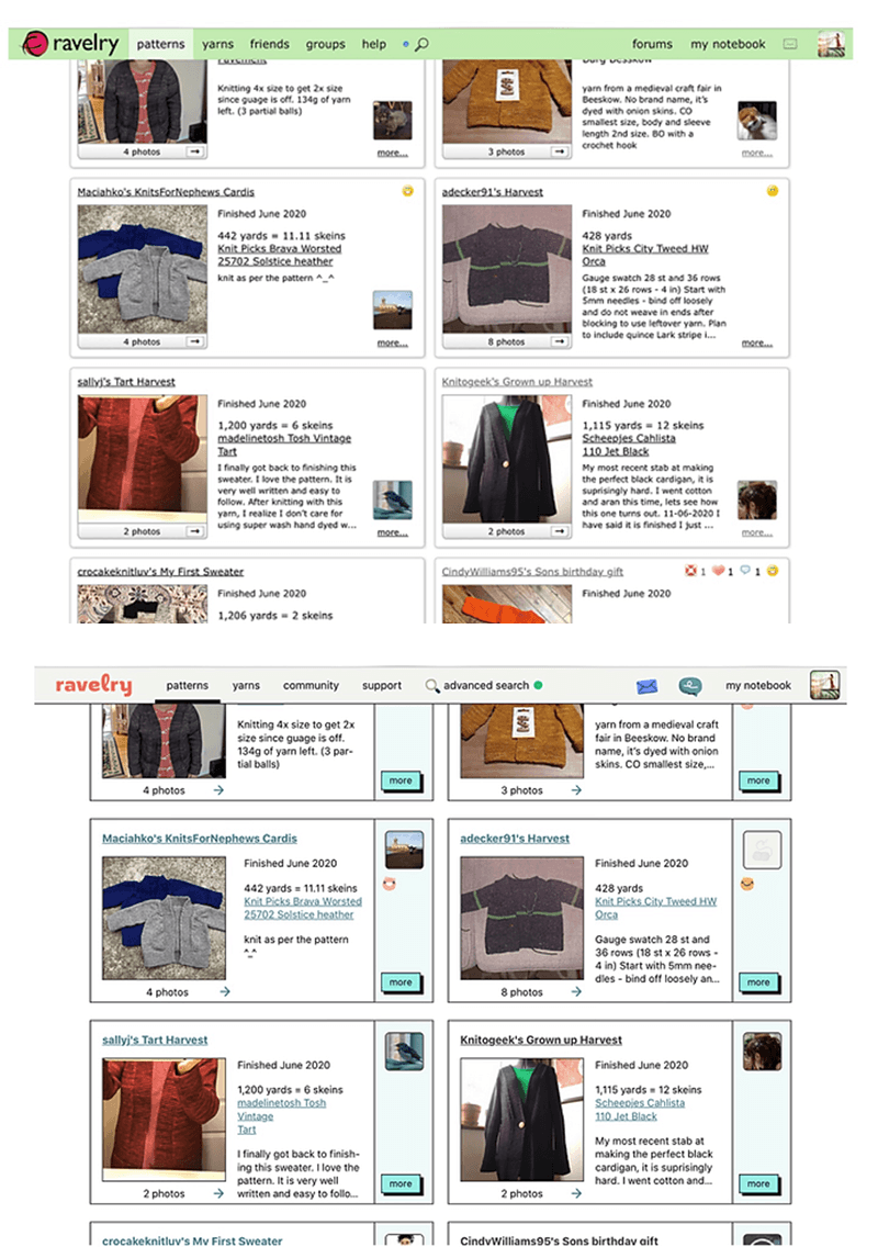 A page on Ravelry showing many project 'cards' on screen, before and after the redesign. Every project, user icon and 'More' button now has a solid black border.