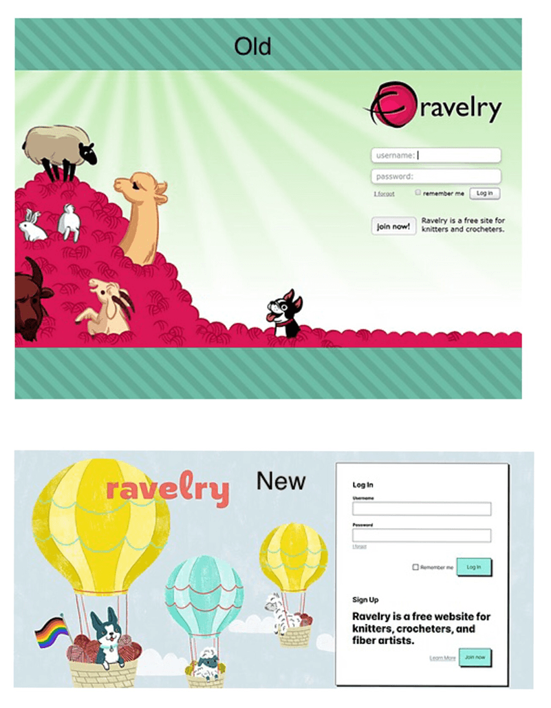 Ravelry login screen, before and after redesign. The new login panel has a solid black border.